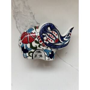 Hand Made Ceramic Elephant Floral Blue Red Green 5 in